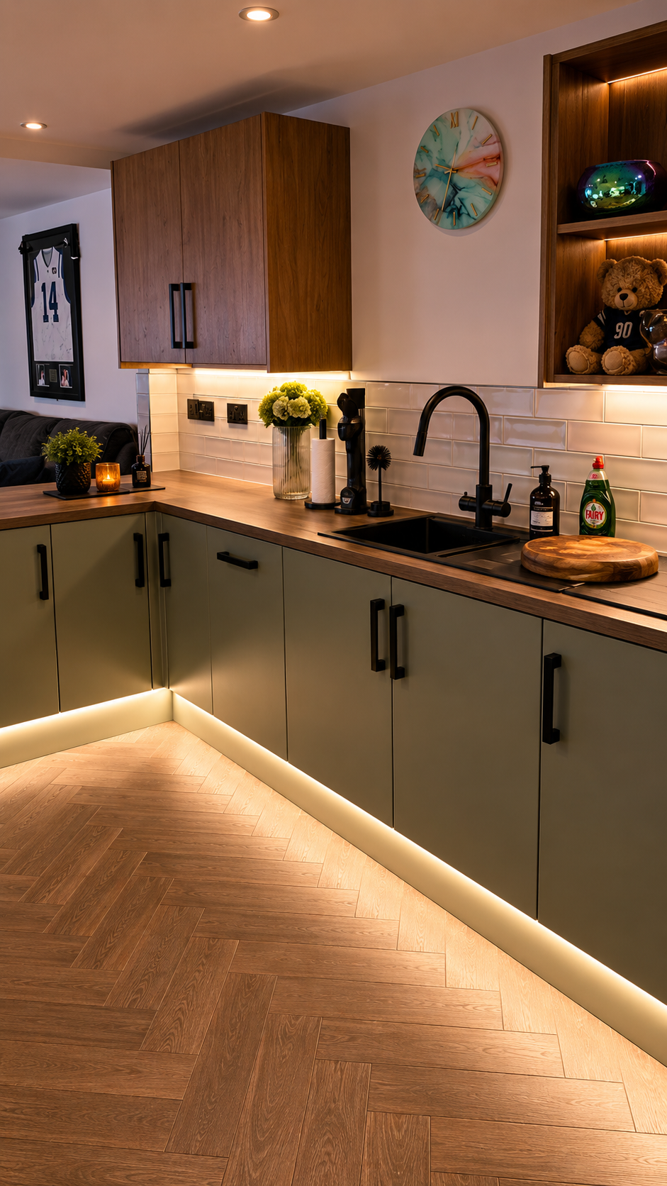 Finished kitchen cabinetry with timber worktops and warm lighting