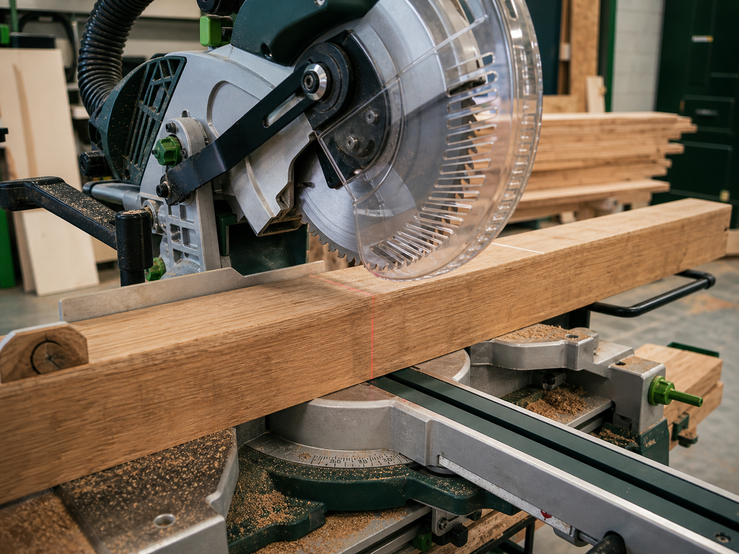 Timber set up on a chop saw in a joinery workshop