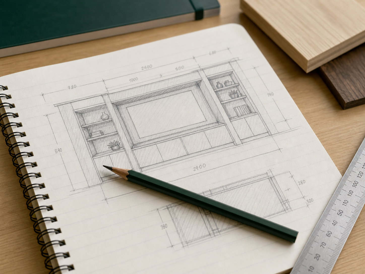 Carpenter pencil on design drawings and notes