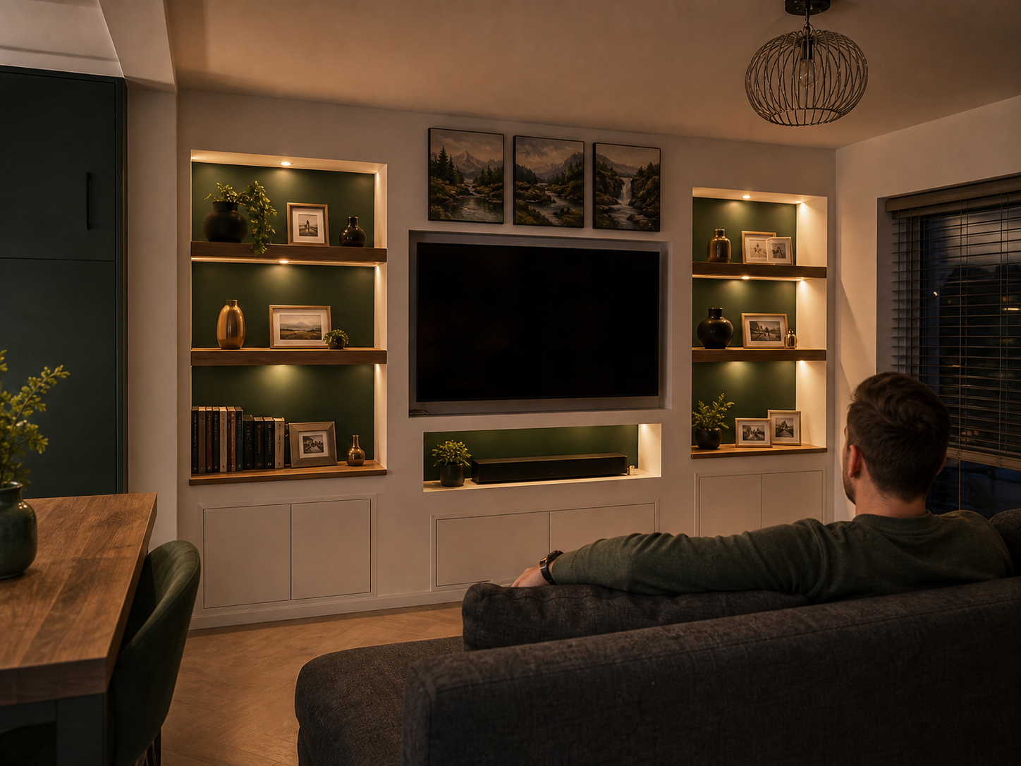 Person sitting on a sofa enjoying a new fitted media wall