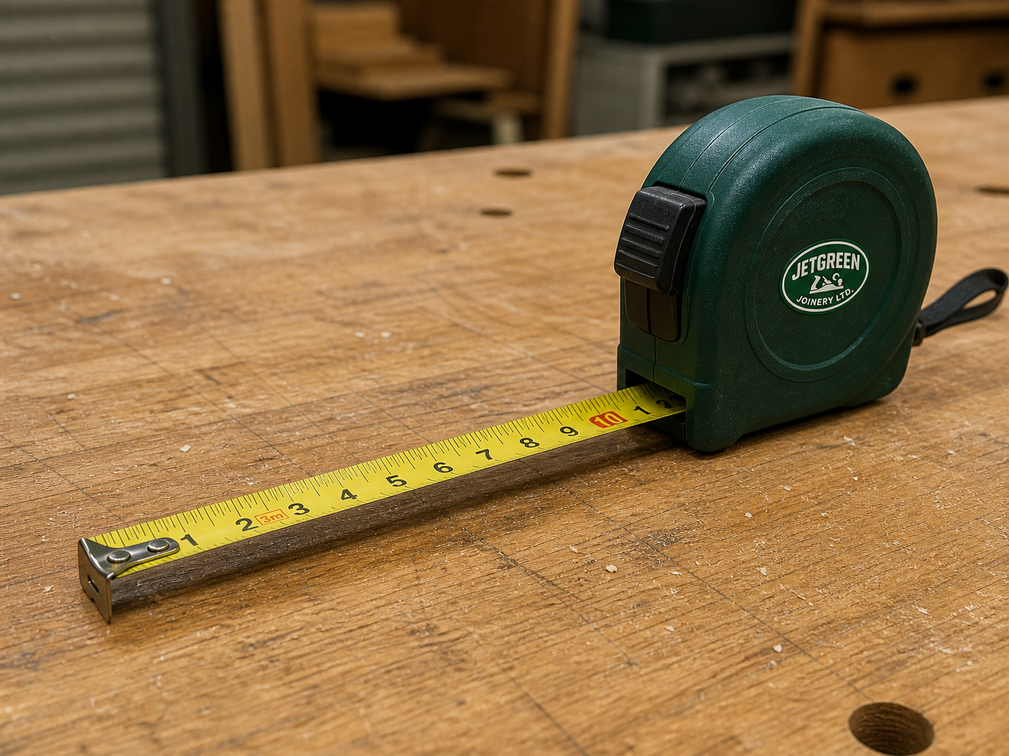 Tape measure laid out on timber with Jetgreen Joinery branding
